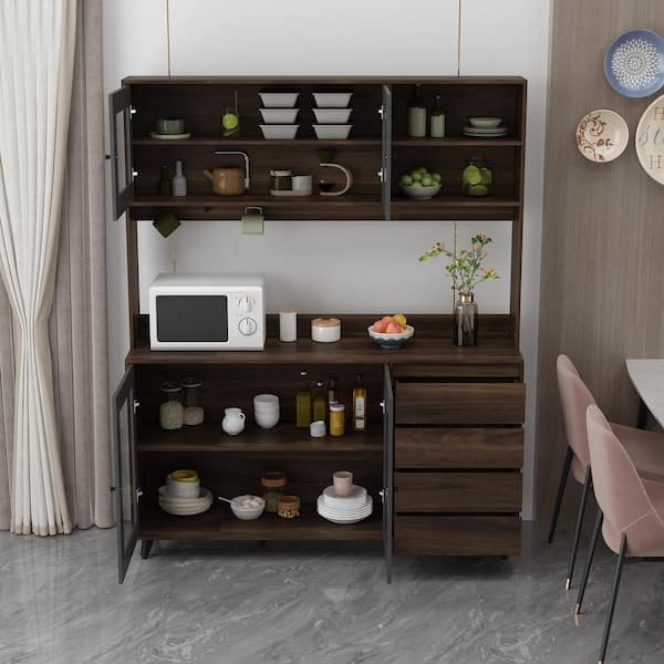 FUFU&GAGA Large Kitchen Pantry Cabinet Buffet with 4-Drawers Hooks Open Shelves and Glass Doors 63 in. W x 15.7 in. D x 76.8 in. H