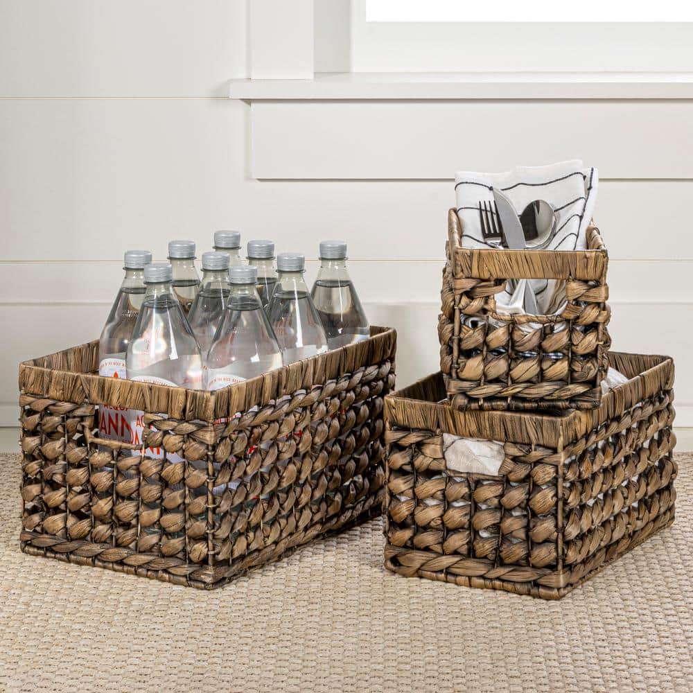 Handwoven Brown Water Hyacinth Rectangular Storage Baskets with Cut-Out Handles