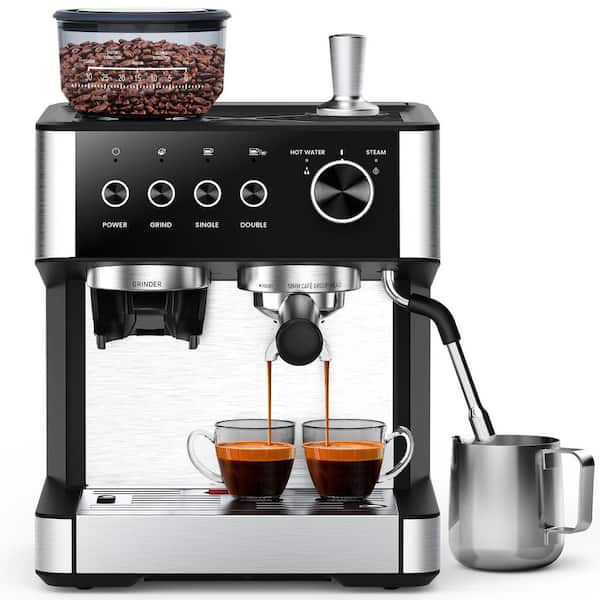 2- Cup Silver/Brushed Stainless Steel All in One 15 Bar Espresso Machine with Grinder and Powerful Steam Wand
