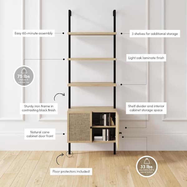 Nathan James Theo Open Shelf Bookcase with Rattan Drawers in Light Oak Wood and Matte Black Frame