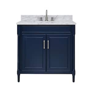 Bristol 37 in. W x 22 in. D x 35 in. H Bath Vanity in Navy Blue with White Marble Top