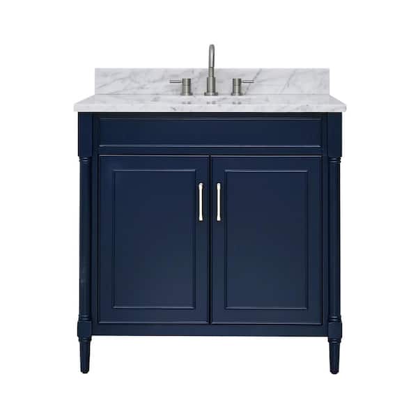 Avanity Bristol 37 in. Single Sink Navy Blue Bath Vanity with Carrara White Marble Top