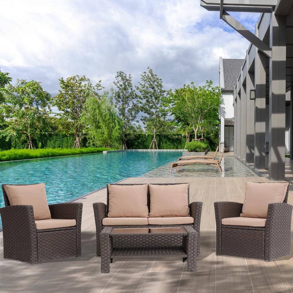 4-Piece Wicker Patio Conversation Set Rattan Seating Set with Loveseat Sofa