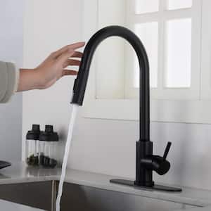 Single Handle Wall Mount Gooseneck Pull Down Sprayer Kitchen Faucet with Deckplate Included and Handles in Matte Black
