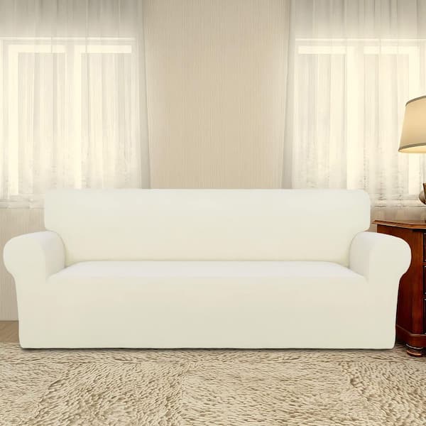 Ivory Super Stretch Sofa Polyester Slipcover with Non Skid Foam and Elastic Bottom for Kids and Pets, Large