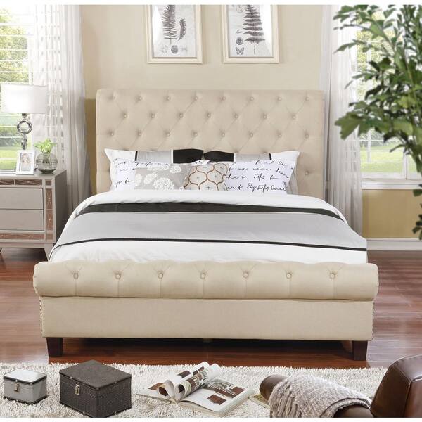 Beige Queen Size Upholstered Rounded, Calia Upholstered Panel Bed King