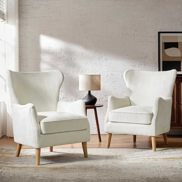 JAYDEN CREATION Doris White 28.5 in. Modern Arm Chair with Wingback Backrest and Solid Wood Legs (Set of 2)
