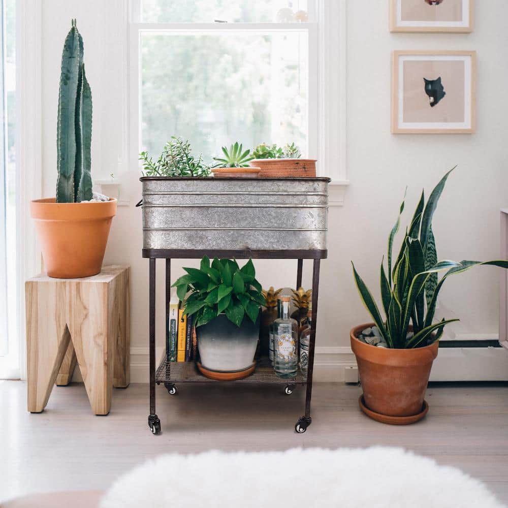 Galvanized Silver and Black Metal Planter Tub on Casters