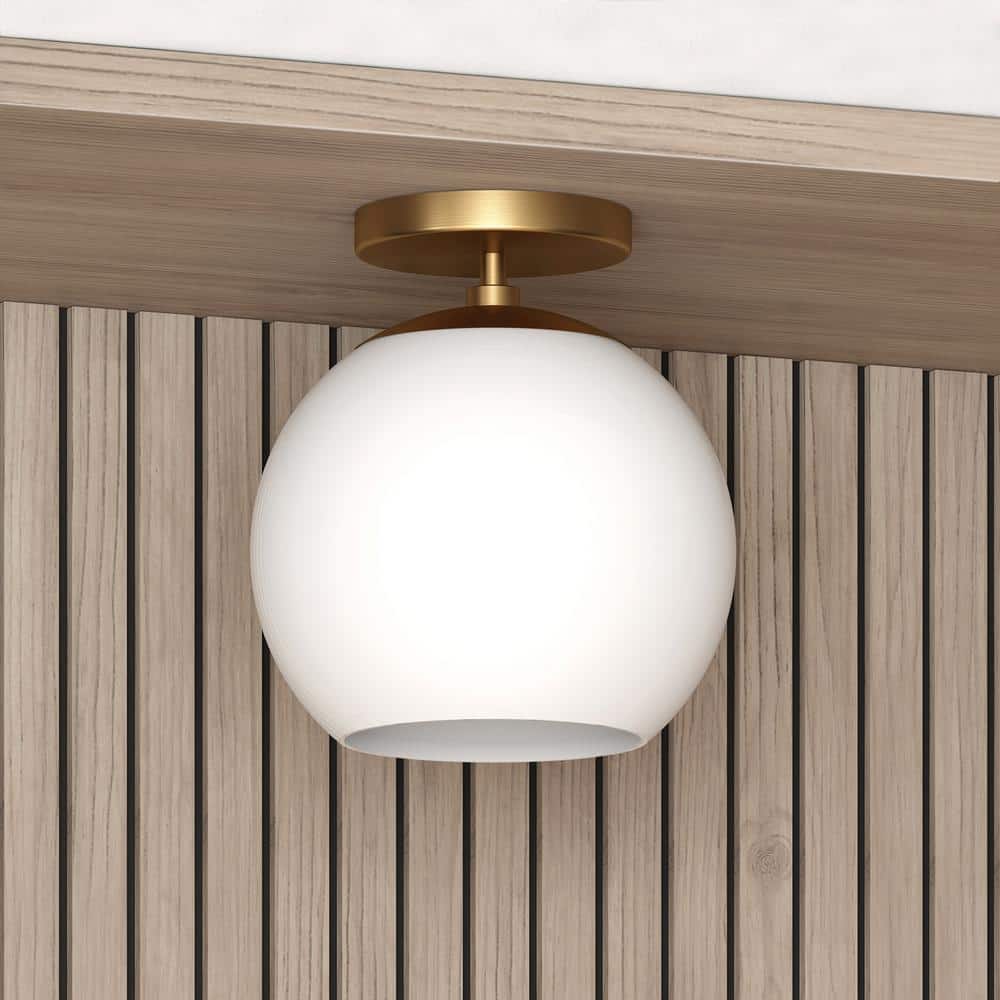 Modern Brass Globe Ceiling Light with White Milk Glass - 9"