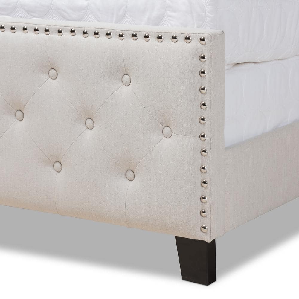 Elegant Beige Linen King Bed with Tufted Headboard and Nailhead Trim