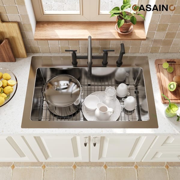 33 in. Drop-in Single Bowl Brushed Stainless Steel Kitchen Sink with 4 Faucet Holes and Accessories, cUPC Certified