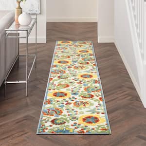 Aloha Ivory/Multicolor 2 ft. x 12 ft. Kitchen Runner Floral Contemporary Indoor/Outdoor Patio Area Rug