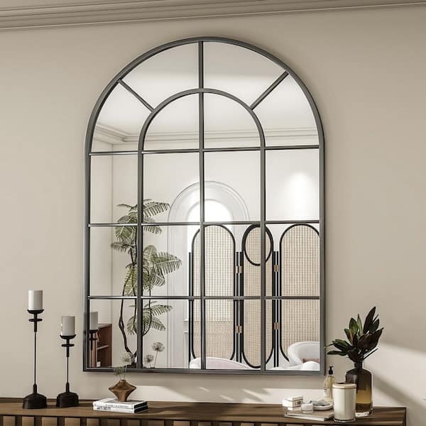 Black 30 in. W x 40 in. H Arched Windowpane Classic Accent Mirror Wall Mirror