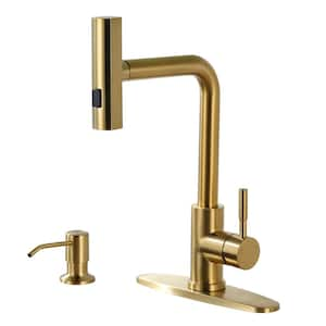 3-Mode Single Handle Waterfall Pull Down Sprayer Kitchen Faucet with soap dispenser in Stainless Steel Brushed Gold