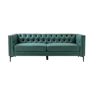 Eridu Comtemperary 84 in. Square Arm Faux Leather Button-Tufted design Tuxedo Rectangle Sofa in Green