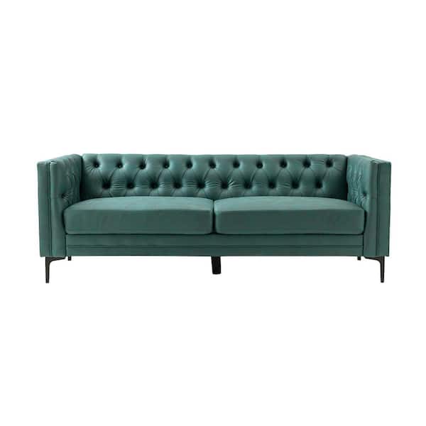 JAYDEN CREATION Eridu Contemporary 84 in. Square Arm Faux Leather Button-Tufted design Tuxedo Rectangle Sofa in Green