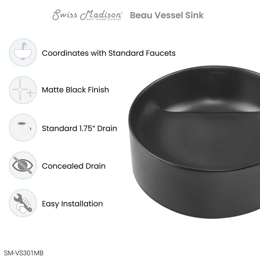 Beau 16.5" Matte Black Round Ceramic Vessel Sink
