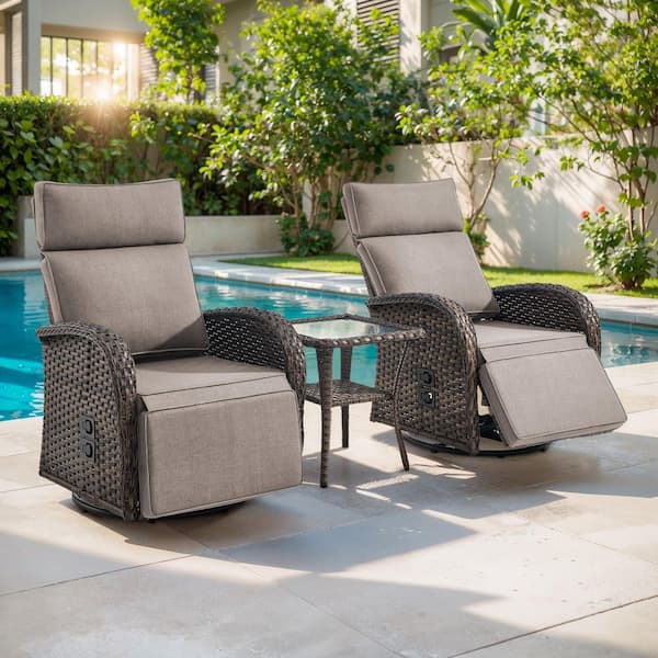 Plain Curve 3-Piece Brown Wicker Outdoor Adjustable Swivel Recliner with Gray Cushions and Side Table