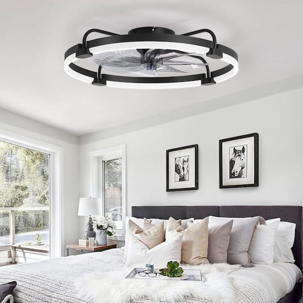 24 in. Black Modern Indoor 3000-6000K Dimmable LED Fandelier Low Profile Ceiling Fans with Lights and Remote for Bedroom