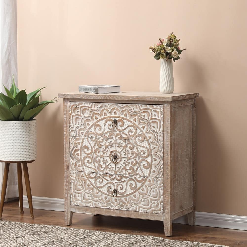 Rustic Whitewashed Fir Wood Floral Three-Drawer Chest