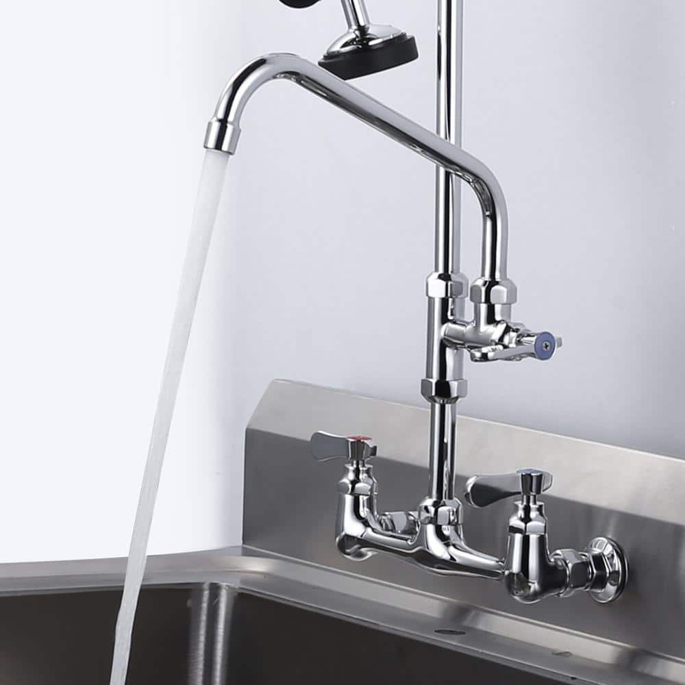 47 Inch Chrome Wall Mounted Commercial Kitchen Faucet with Pull-out Spray