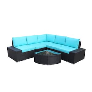 6-Piece Wicker Patio Conversation Sectional Seating Set with Glass Coffee Table and Blue Cushions