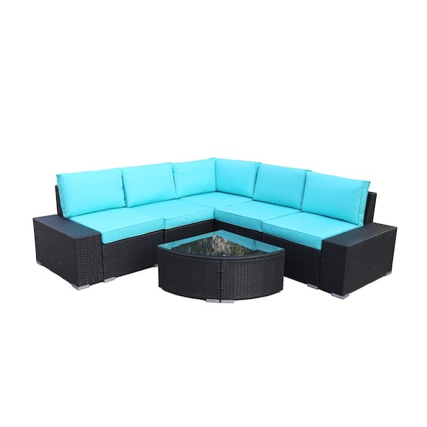 waelph 6-Piece Wicker Patio Conversation Sectional Seating Set with Glass Coffee Table and Blue Cushions