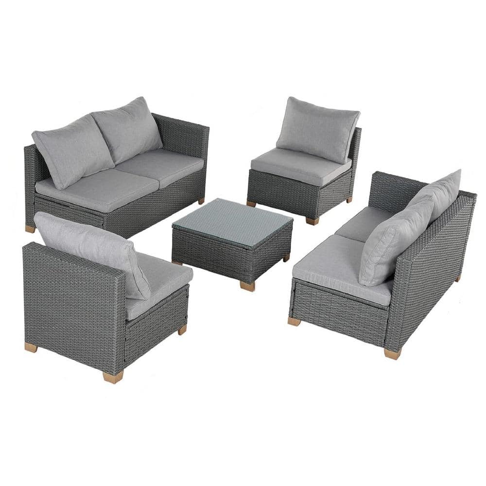 Gray 5-Piece Wicker Outdoor Sectional Set 6 Seats Sofa with Light Gray Olefin Cushions, Coffee Table for Poolside Garden -  Yangming, YMPE-505.1431