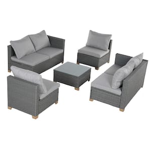 Gray 5-Piece Wicker Outdoor Sectional Set 6 Seats Sofa with Light Gray Olefin Cushions, Coffee Table for Poolside Garden