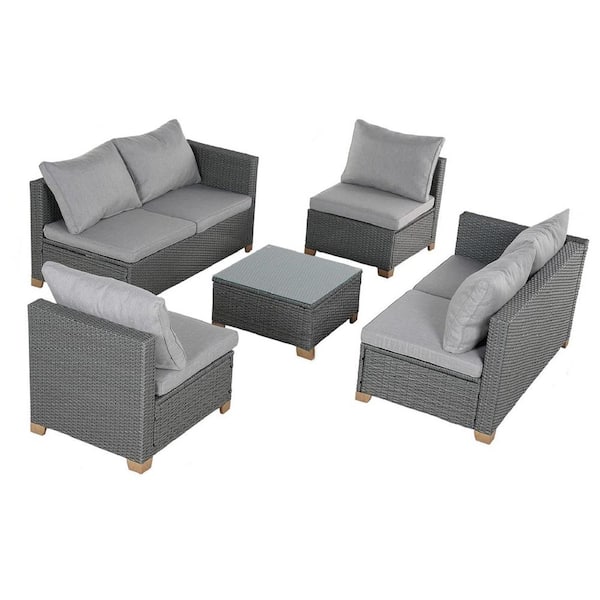 Yangming Gray 5-Piece Wicker Outdoor Sectional Set 6 Seats Sofa with Light Gray Olefin Cushions, Coffee Table for Poolside Garden