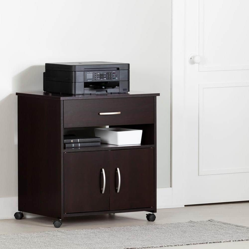 Chocolate Wood Mobile Printer Stand with Storage and Wheels