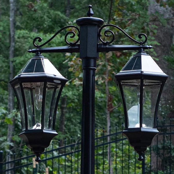 Victorian Morph 2-Light Black Outdoor Solar Lamp Post Light Warm White LED Bulb with Waterproof Aluminum Pole