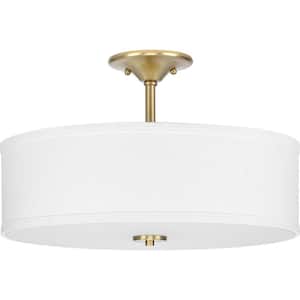 Inspire 18 in. 3-Light Satin Brass Semi-Flush Mount Ceiling Light with Summer Linen Shade