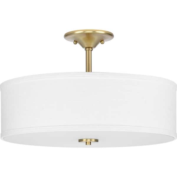 Inspire 18 in. 3-Light Satin Brass Semi-Flush Mount Ceiling Light with Summer Linen Shade