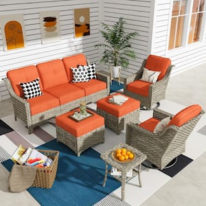 Leila 6-Piece Wicker Patio Conversation Seating Sofa Set with Orange Red Cushions and Swivel Rocking Chairs