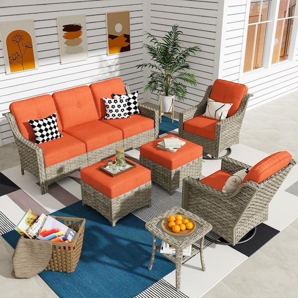 XIZZI Leila 6-Piece Wicker Patio Conversation Seating Sofa Set with Orange Red Cushions and Swivel Rocking Chairs