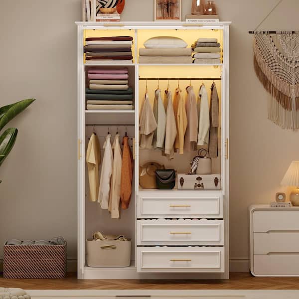 White Wood 47.24 in. Glass-Door Wardrobe with LED Light, Shelves, 3-Drawers, 2-Hanging Rods