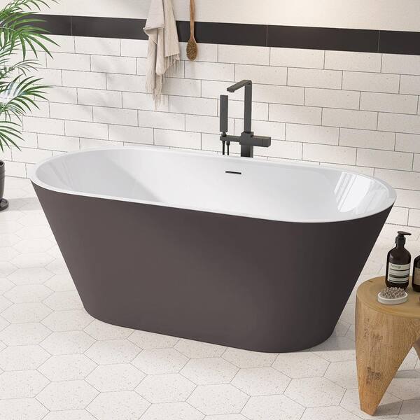 59 in. x 29.5 in. Free Standing Soaking Tub Flatbottom Acrylic Freestanding Bathtub with Chrome Drain in Matte Grey