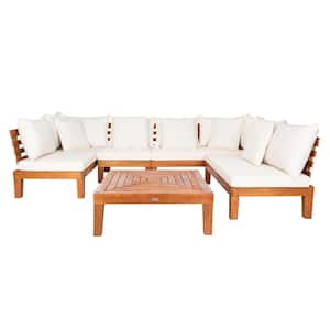 Grantown Natural Wood Outdoor Patio Sectional with Beige Cushions