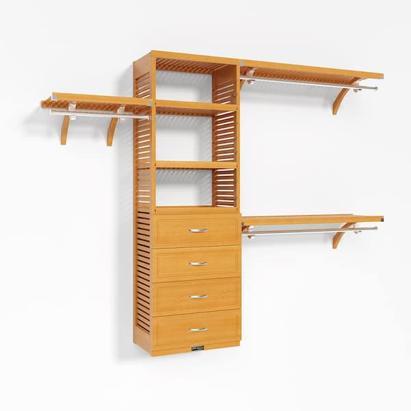 72 in. W - 120 in. W Honey Maple Walk in with 4 Drawers 16 in. Shelf Wood Closet System