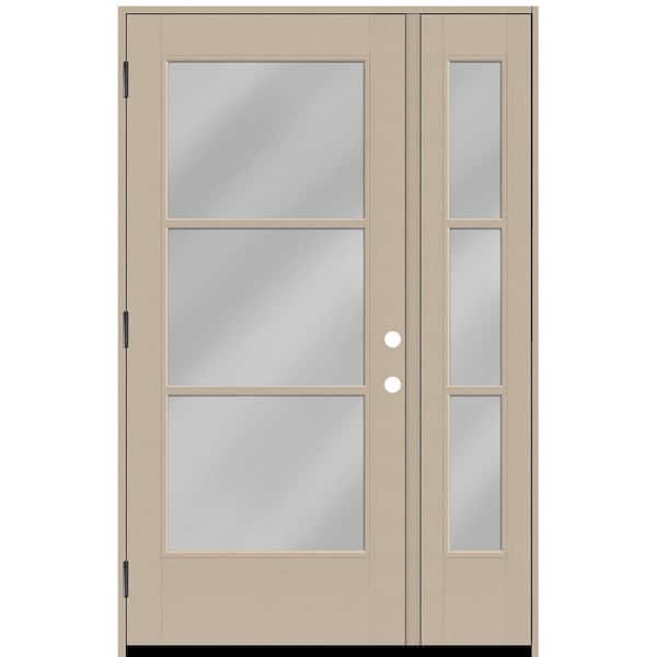 Steves & Sons Legacy 51 in. x 80 in. Icon 3-Lite Modern Clear Glass RHOS Sandstone Mahogany Fiberglass Prehung Front Door w/ 12 in. SL
