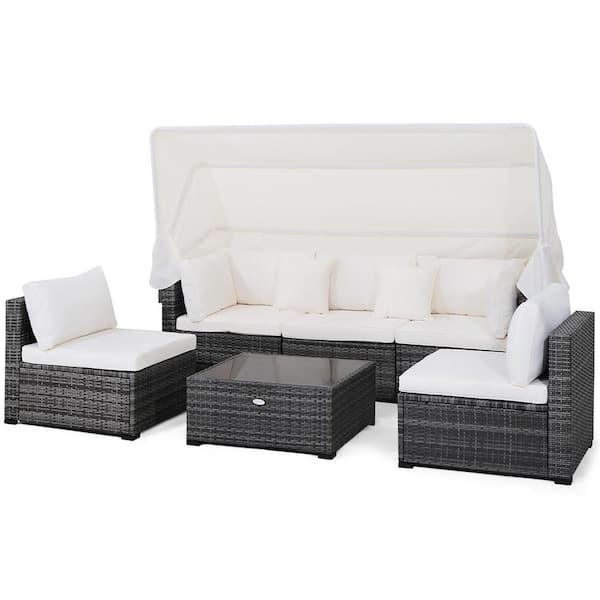 Costway 6-Piece Wicker Patio Conversation Set Retractable Canopy with White Cushions