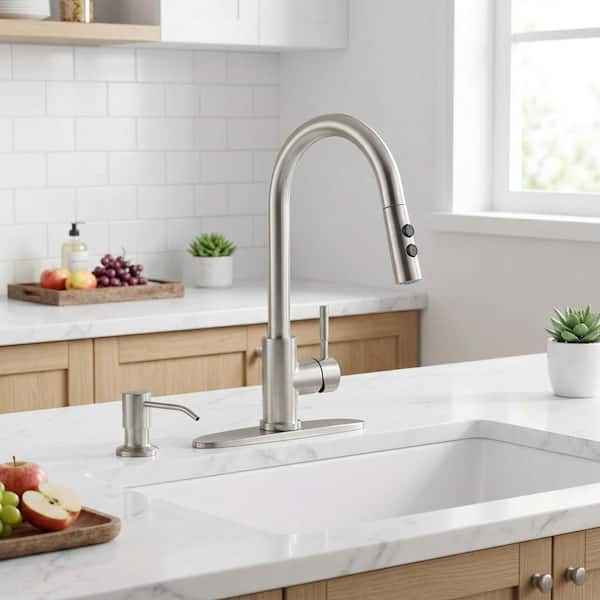 Single Handle Pull Down Sprayer Kitchen Faucet with Soap Dispenser, Advanced Spray in Brushed Nickel