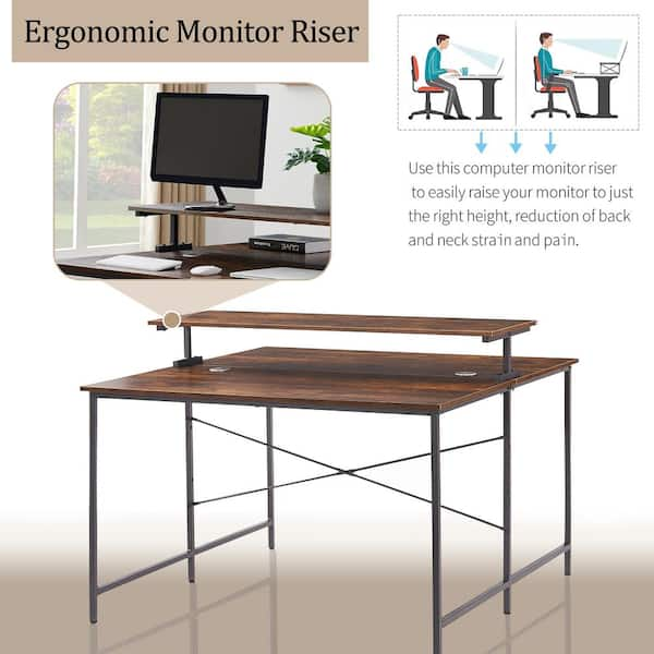 Aoibox 47.2 in. Square Brown Wood 2-Person Computer Desk with Monitor  Shelf, Double Workstation Extra Large Office Desks SNMX656 - The Home Depot