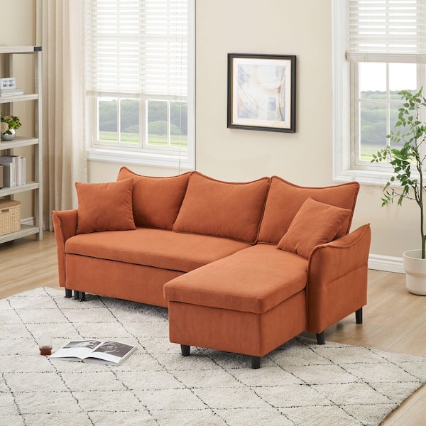 Orange 80 in. Corduroy Chenille L-Shaped 3-Seater Full Size Sofa Bed with Pull-Out Bed, 2 Throw Pillows and Storage
