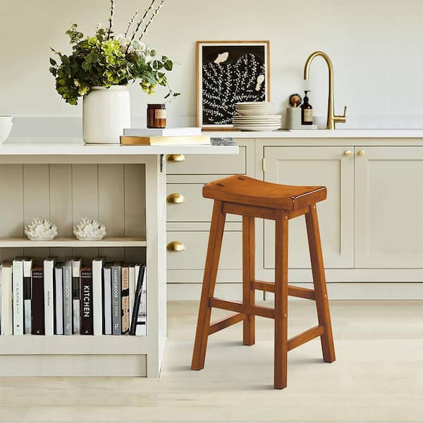 Nisky 28 in. Oak Finish Solid Wood Dining Stool with Wood Seat (Set of 2)