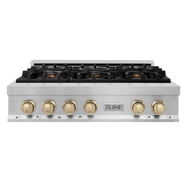 Autograph Edition 36 in. 6 Burner Front Control Gas Cooktop with Polished Gold Knobs in Stainless Steel