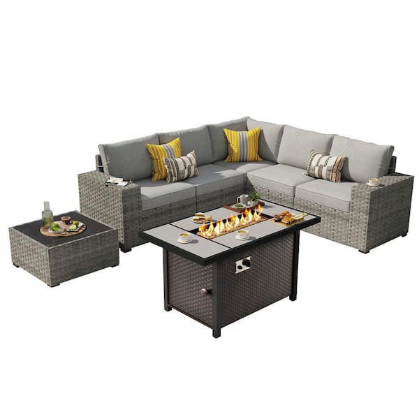 Baldwin Gray 7-Pieces Wicker Wide Arm Outdoor Patio Sofa Sectional Set with Metal Fire Pit and Dark Gray Cushions