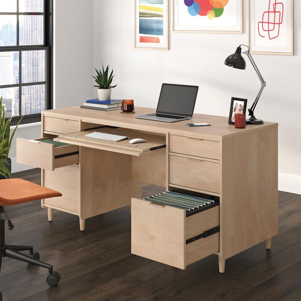 Clifford Natural Maple Executive Desk with Keyboard Tray and Filing Cabinet