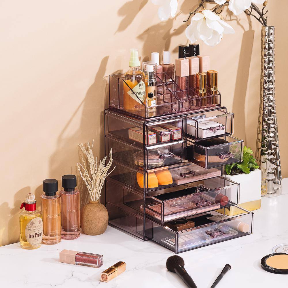 Purple Clear Acrylic Makeup Organizer with Drawers and Top Shelf